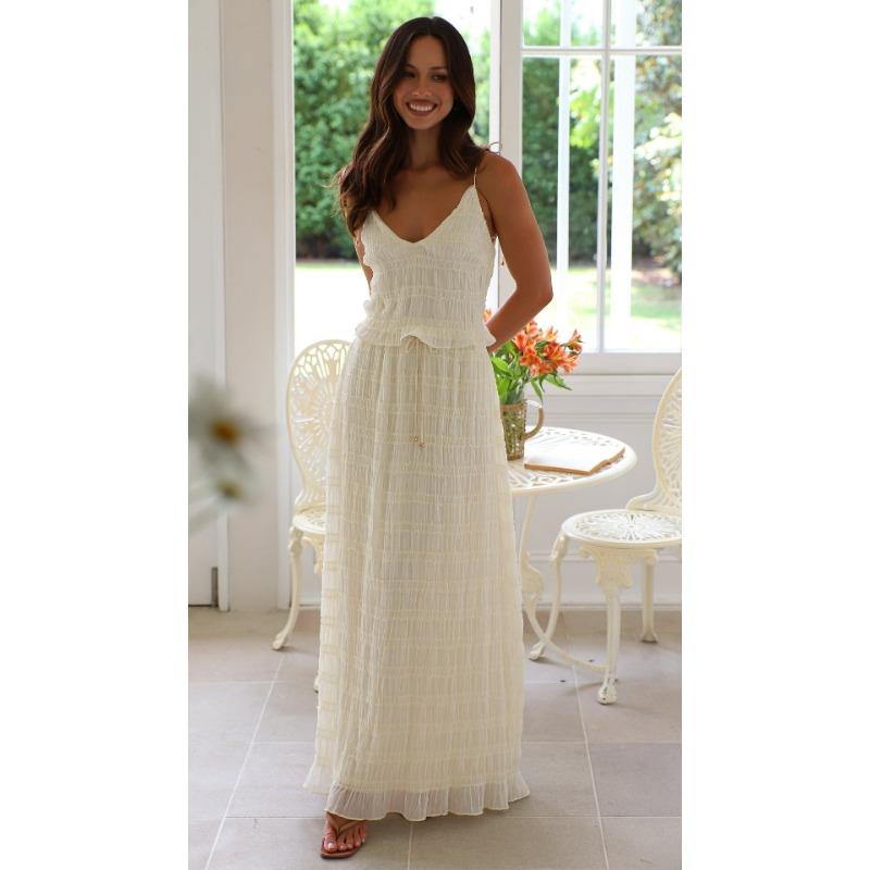 Women's Summer New Solid Colour Elegant Chiffon Halter Long Cake Skirt Hundred Folds Lace Long Skirt Suit