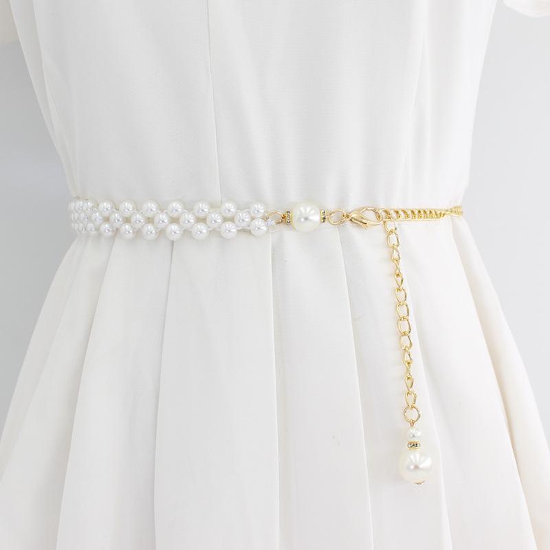 Fashion Adjustable Acrylic Pearl Belt Women Ladies Metal Thin Chain Belt Slim Body Chains Straps Dress Skirt Elastic Waistband