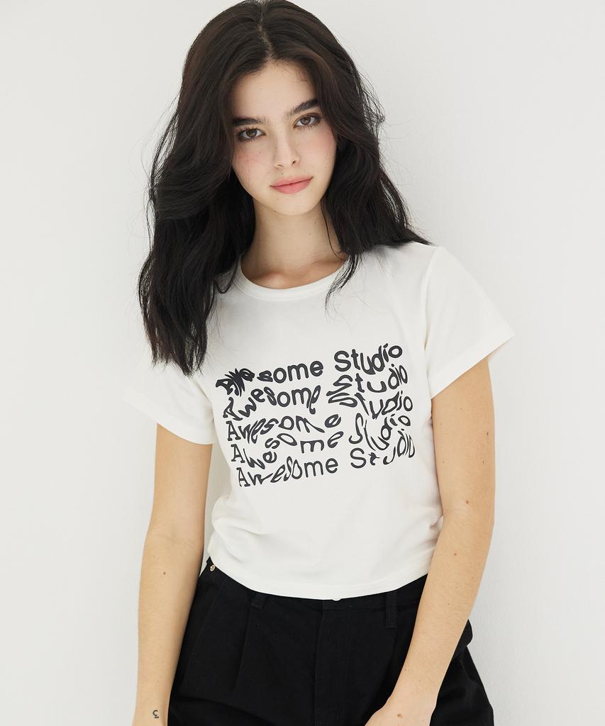 AWESOME STUDIO Wave Lettering Crop Slim Short Sleeve T-Shirt Ivory