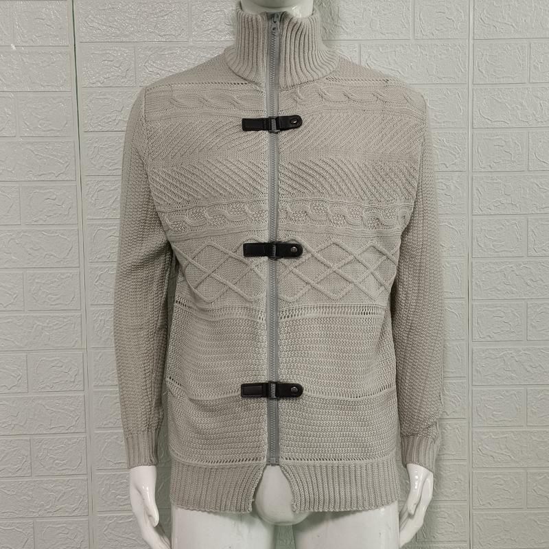 2025 Autumn/Winter Men's Plus Size High Neck Sweater Cardigan with Leather Buckle - European & American Style Long Sleeve Knit Coat