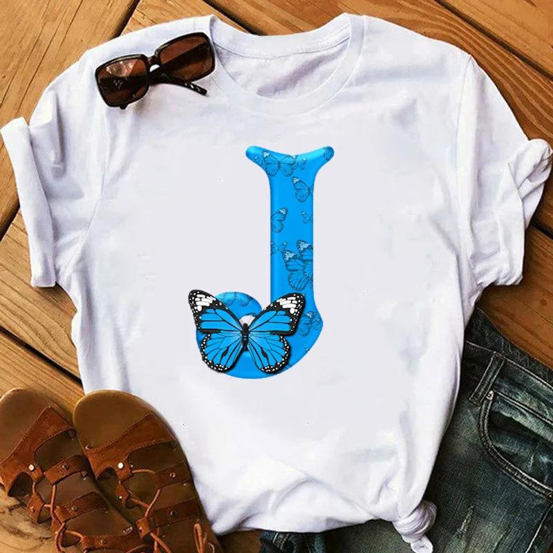 26 English Letters Butterfly Print Tshirt Short Sleeve Women Tops Graphic Harajuku Harajuku Sleeve Casual Aesthetic Clothes