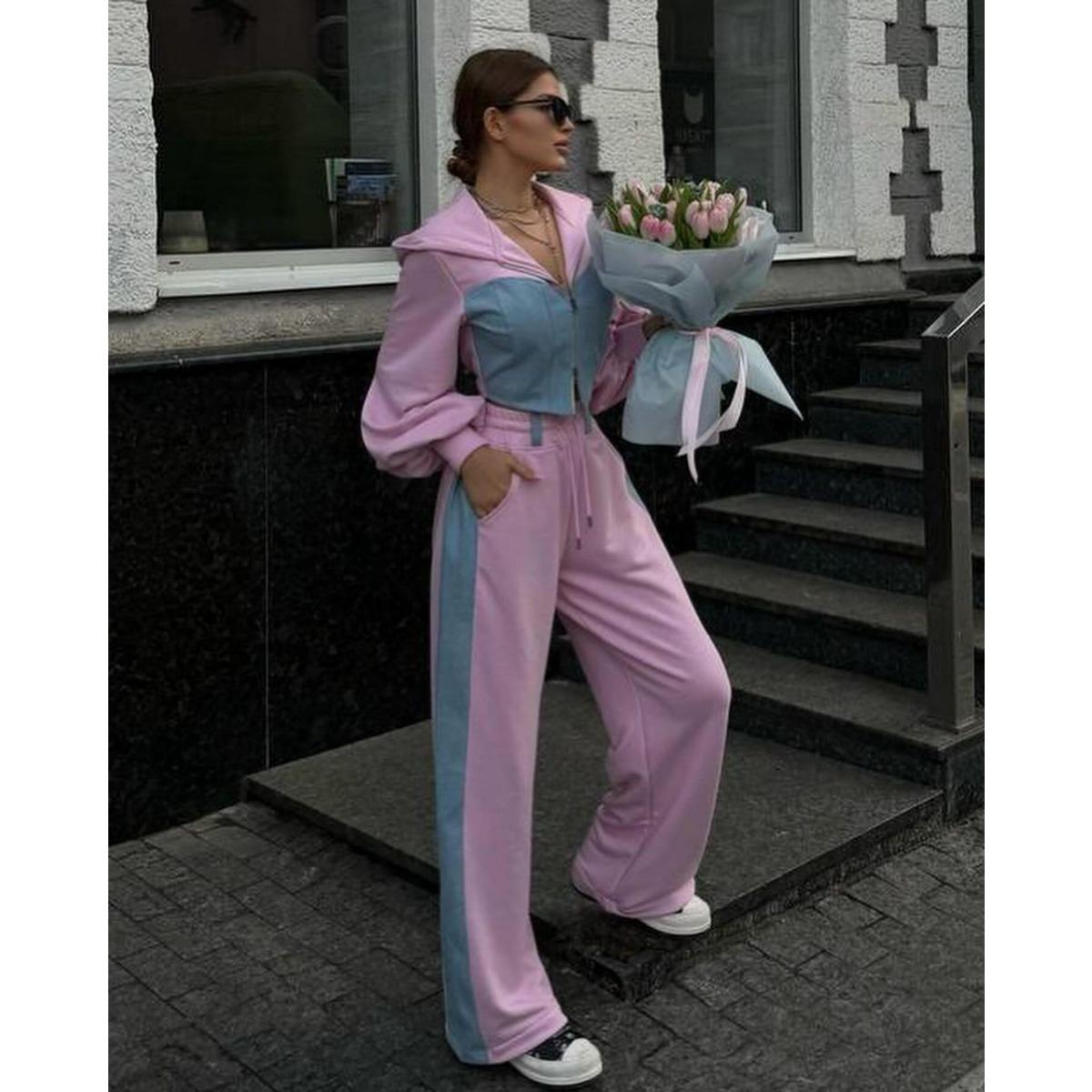 

Повсякденний, Комплект з худі, Джинсовий печворк, Топ з капюшоном, Штани, Костюм-двійка, Жіночий XL рожевий