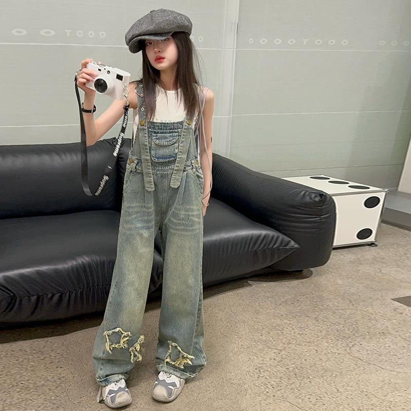 

Комбинезоны для девочек, летние детские джинсы, универсальные брюки среднего размера для детей, брюки в уличном стиле с карманами 140