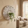 Bohemian Style Round Carved Rack Decorative Space Saving Wall Storage Rack Wall Mounted with Hooks Plant Display Rack