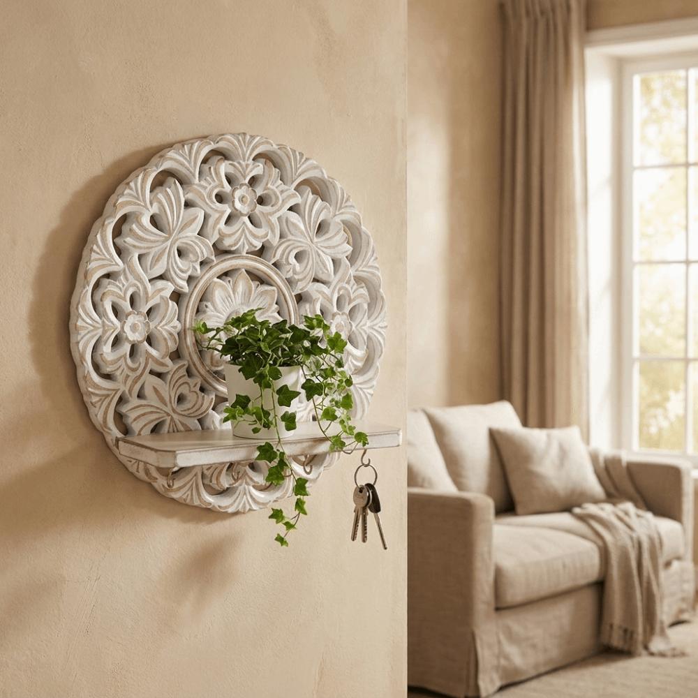 Bohemian Style Round Carved Rack Decorative Space Saving Wall Storage Rack Wall Mounted with Hooks Plant Display Rack