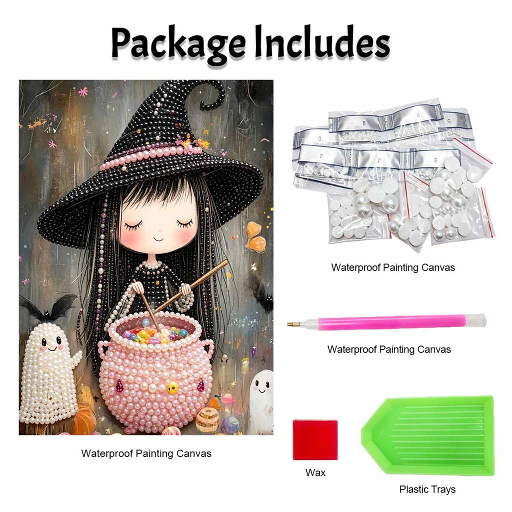 Frameless Pearl Painting Kit Cute Little Witch Cauldron Pattern DIY Shiny Bead Canvas Creative Leisure Craft Gift for Adults