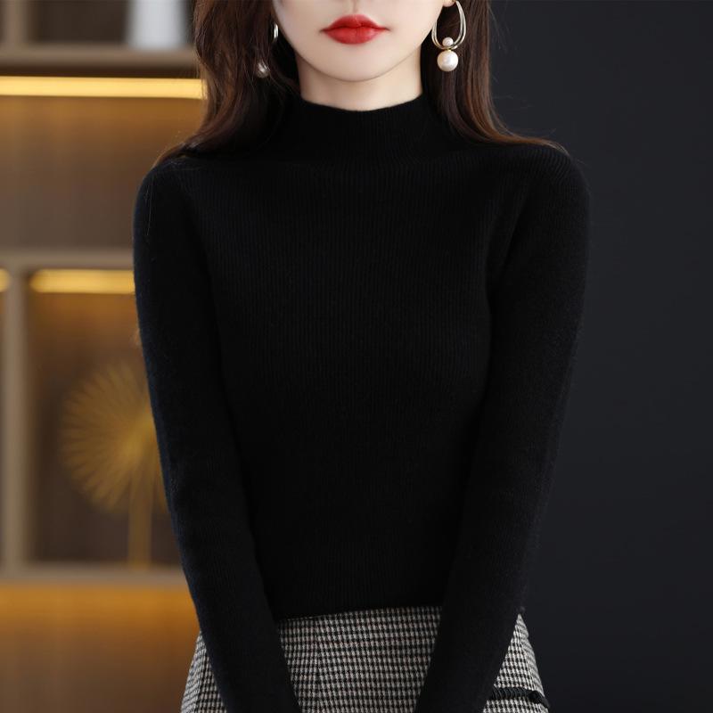 Women's Autumn & Winter Half-High Neck Wool Sweater - Tight-Fitting Australian Wool Pullover Knitwear Base Layer