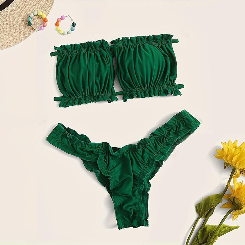 

Bikini Pleated Double-sided Material Fashionable Strap Split Multi Colored Two-piece Swimsuit XL зелений