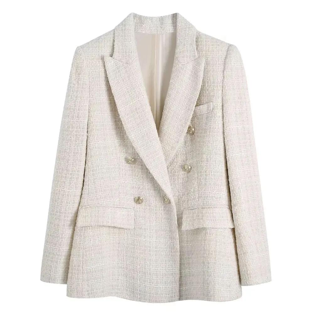 Langarm Klappe Taschen Frauen Mode Tweed Zweireiher Blazer Mantel Vintage Oberbekleidung Plus Größe