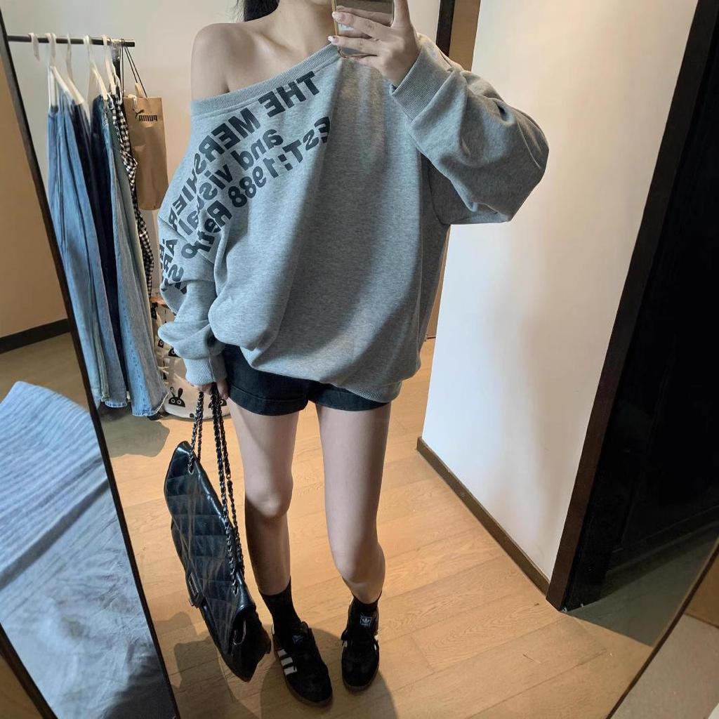 Damen American Retro Schrägkragen Sweatshirt - Übergroßes Oberteil für Frühling/Herbst