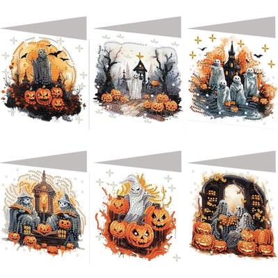 6PCS DIY Halloween Theme Diamond Art Greeting Cards Diamond Art Handmade Cards for Christmas Birthdays Thanksgiving and Holidays