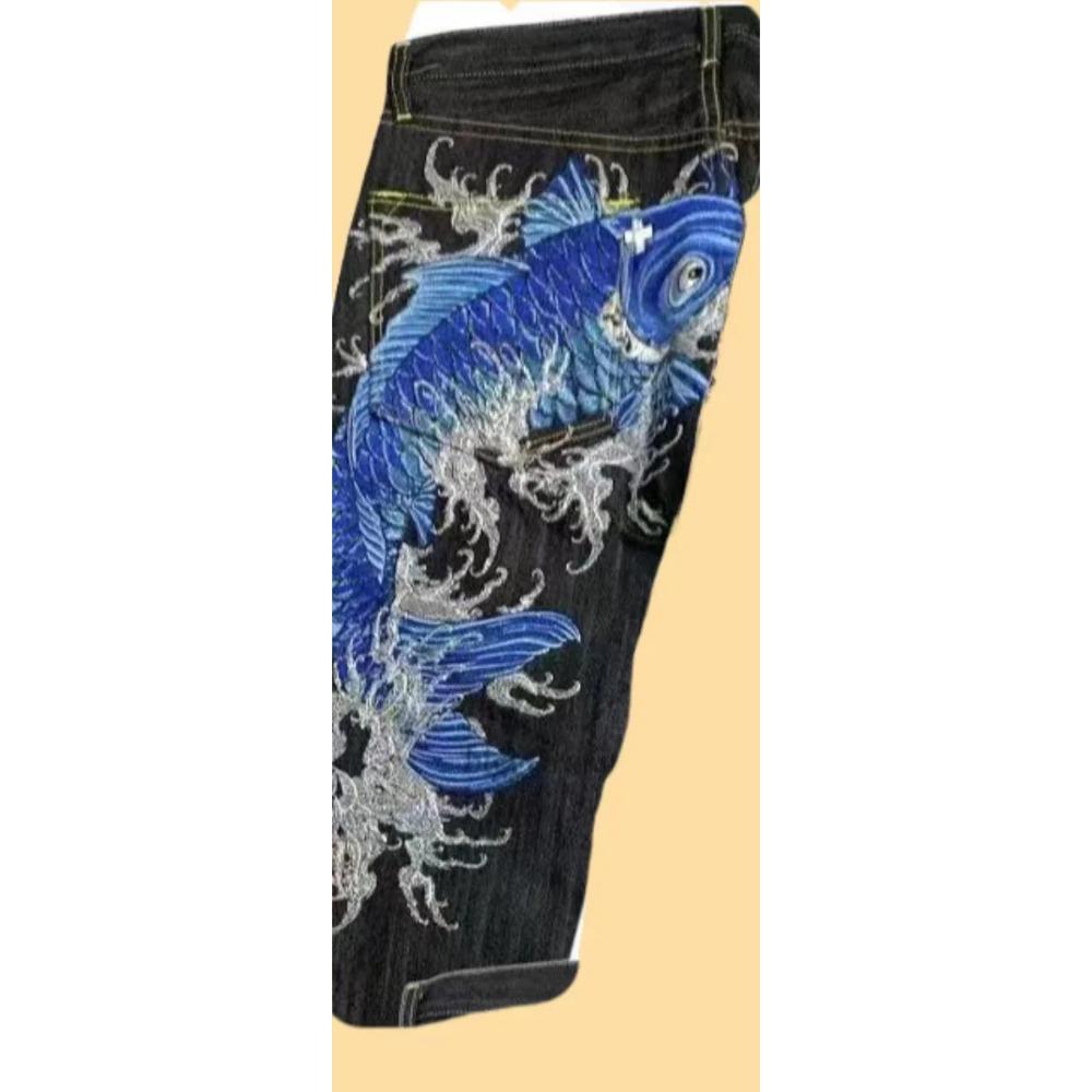 RogueWave Japonské Retro Personalizované Tištěné Džíny s Vysokým Pasem pro Páry s Velkými Kapsami pro Street Wear Y2K Džínové Kalhoty
