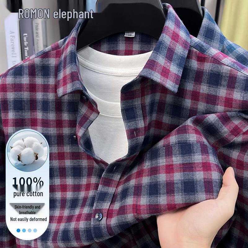 ROMON Men s Pure Cotton Plaid Long Sleeve Casual Shirt 41