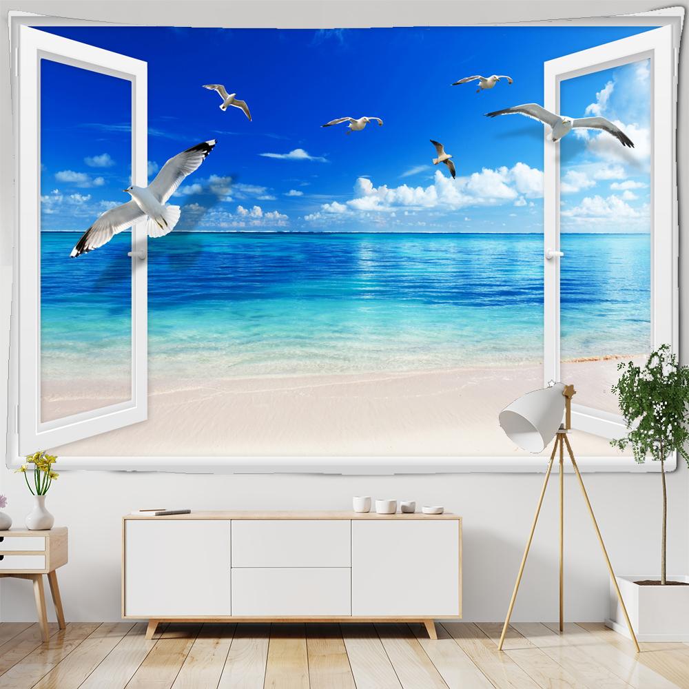 

Красиві морські краєвиди Гобелен Море Вінтаж Пляж Морський пейзаж Гобелени Пальма Настінні гобелени Бохо Килимок для спальні W230xH180cm