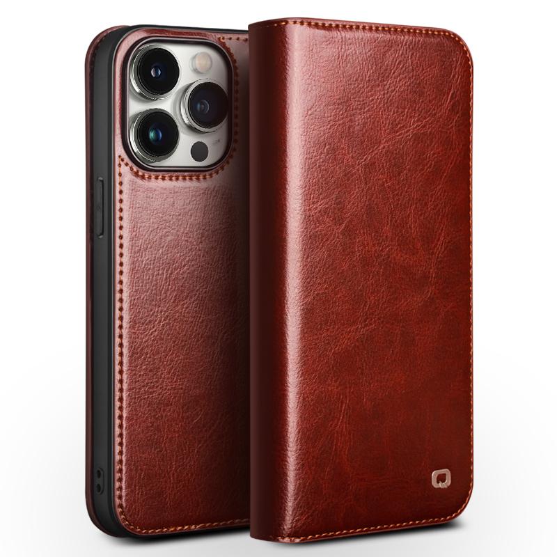 QIALINO For iPhone 15 Pro Shockproof Genuine Leather Flip Case Full Protection Wallet Cover Stand