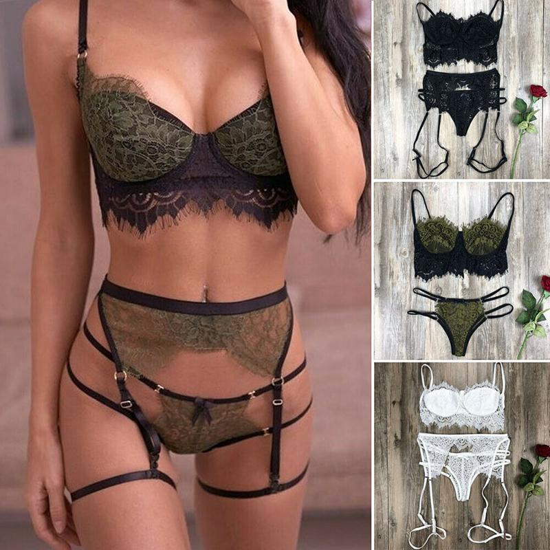 Sexy lingerie set with lace patchwork and sexy three piece lace lingerie with hollow out straps for women's lingerie set