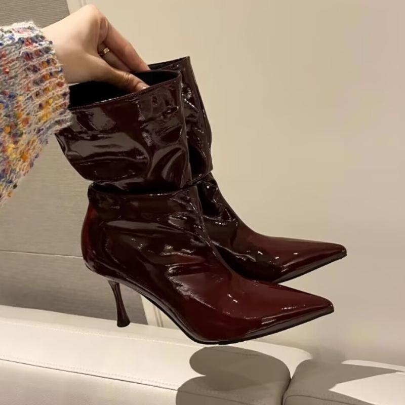 Sexy High Heels Ankle Boots Women Pointed Toe Heeled Shoes Pleated Designer 2025 Winter Chelsea Lether Shoes Luxury Pumps Botas