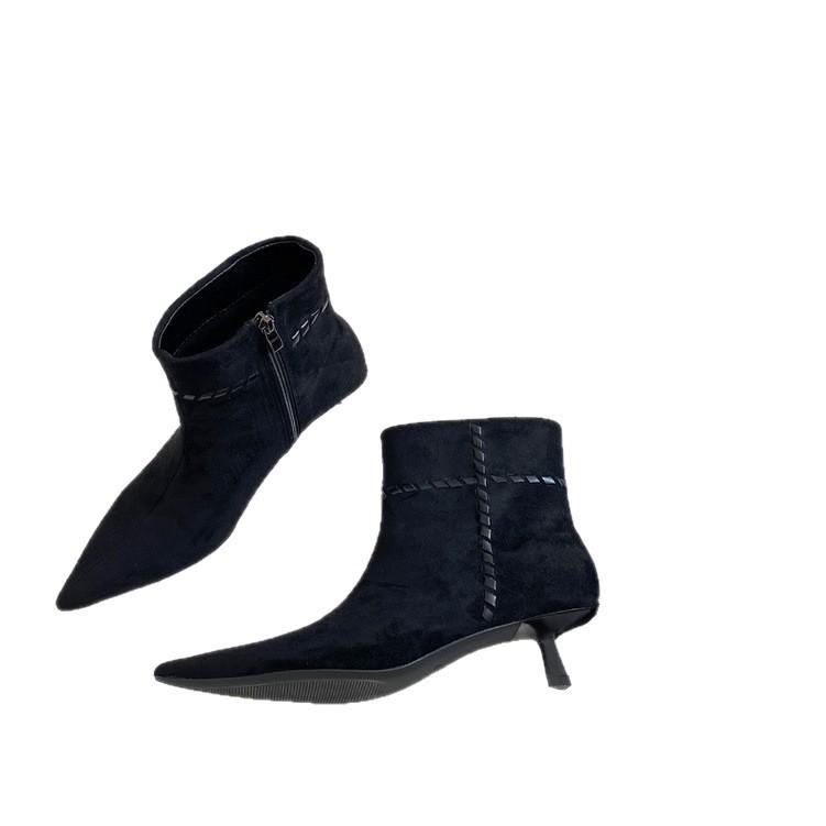 European Station Women's Shoes 25 Autumn and Winter Fashion Soft Korean Flannel Pointed Temperament Side Zipper Stiletto Short Boots