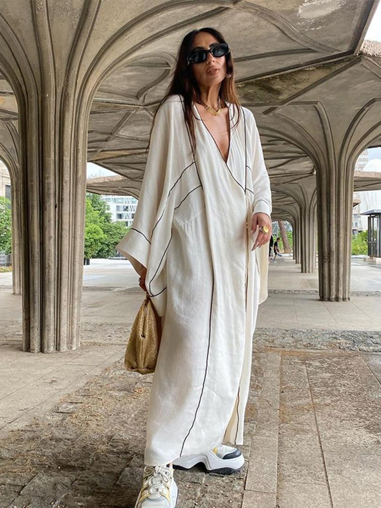 

Свободное контрастное макси-женское платье на шнуровке с принтом и расклешенными рукавами, женский кардиган, летний халат большого размера L белый