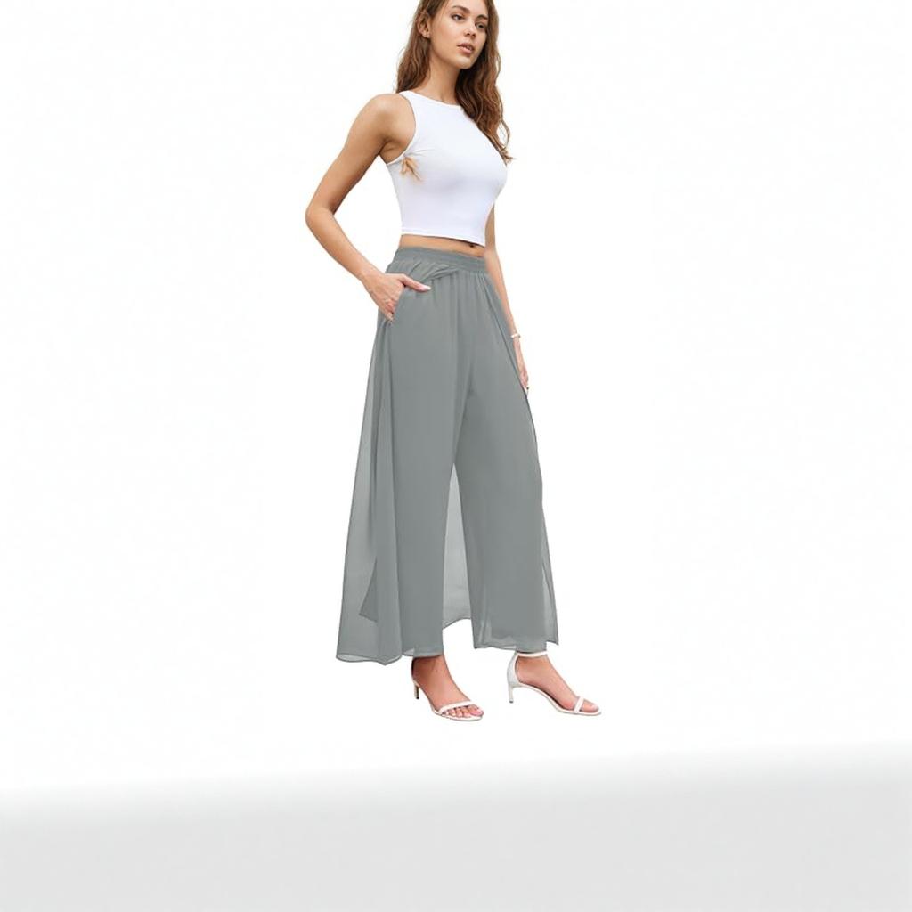 Women's Wide Leg Dress Pant Elegant Party Elastic Waist Trouser With Pockets