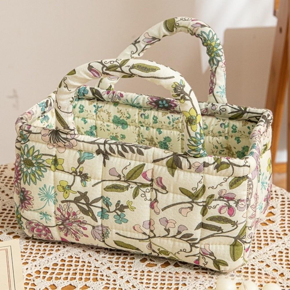 Floral Pattern Bento Handbags Patchwork Design Foldable Shopper Bag Portable Cotton Material Cosmetic Bag Home Textile Storage