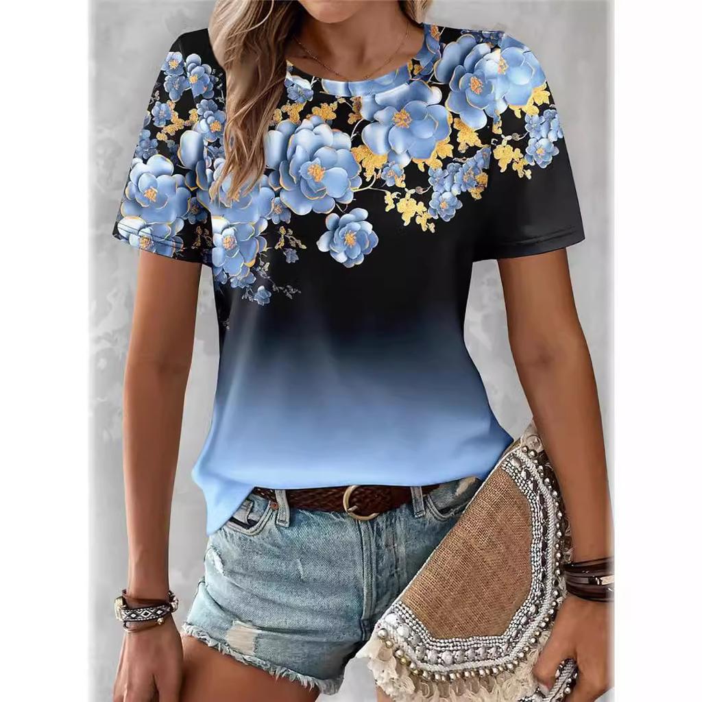 Summer New Flower 3D Printed Casual Round Neck Loose Women's Short Sleeved Top T-shirt