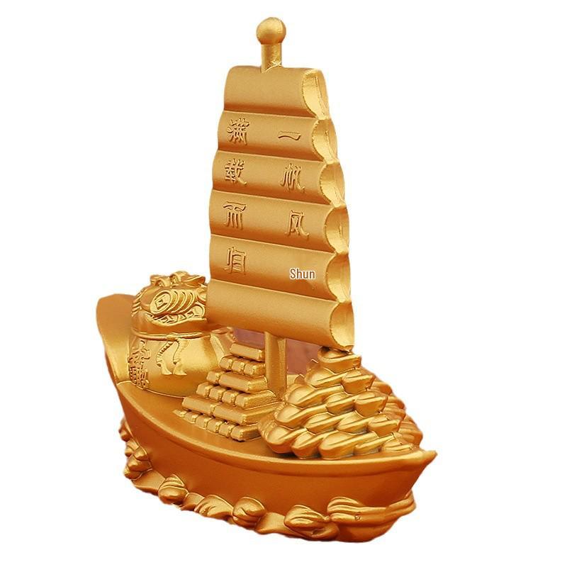 Gold Plated Sailing Ship Ornament with Yuanbao and Gold Bar for Smooth Sailing Decoration