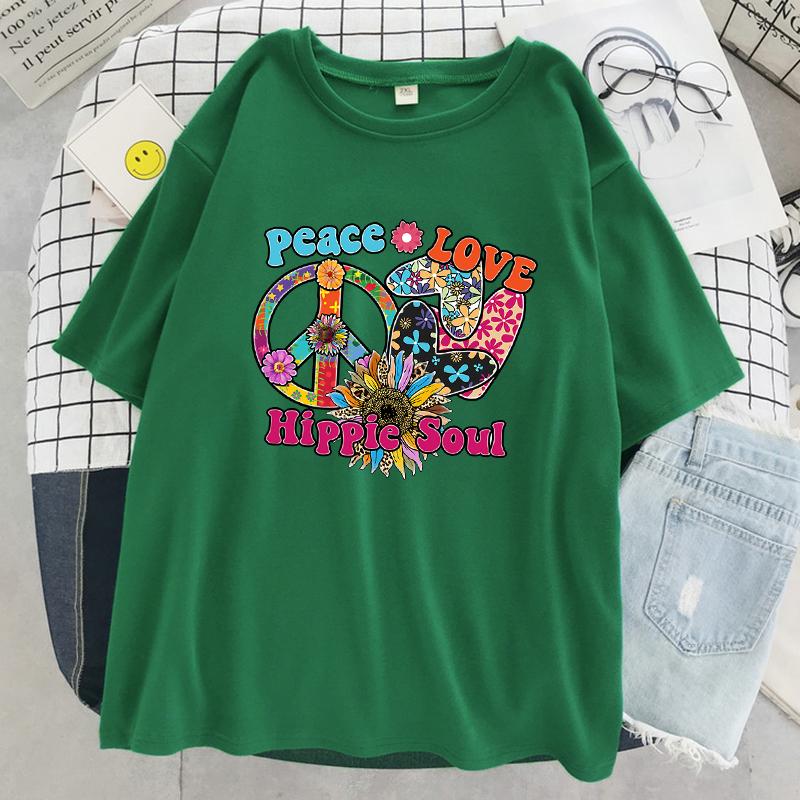 Peace Love Hippie Soul Printing Female T-Shirt Summer Cool Short Sleeve Breathable Cotton Tops Street Loose T Shirt Women