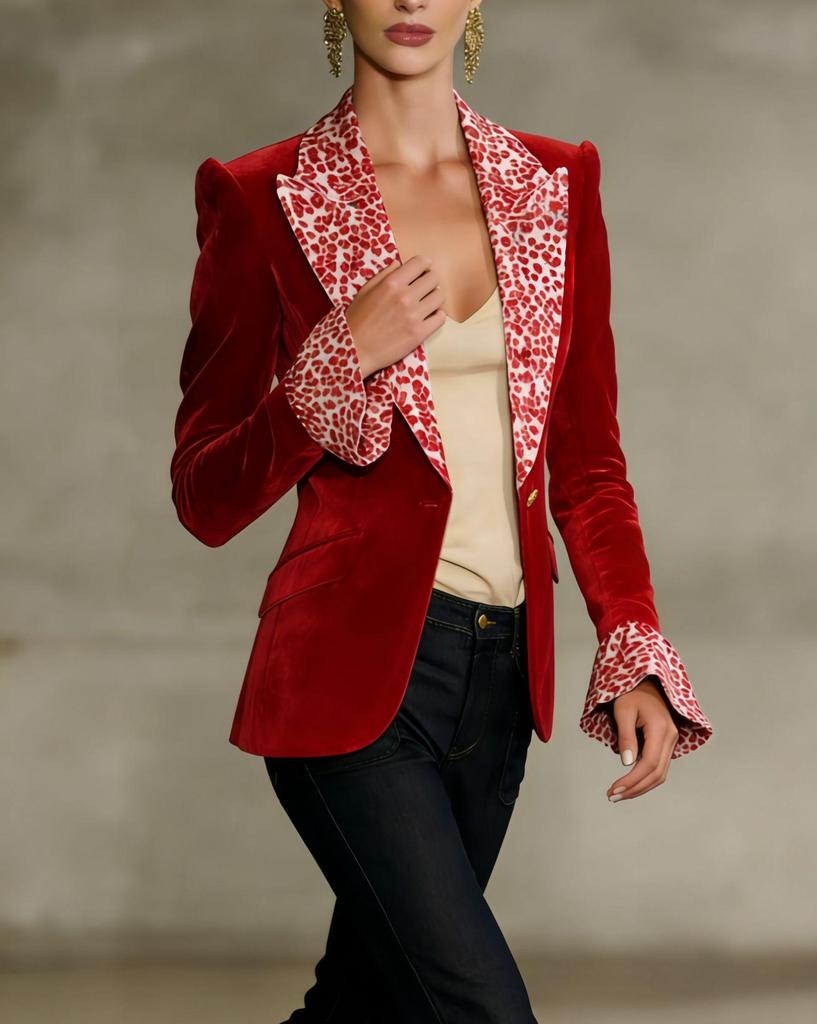 Multi-color Leopard Print Velvet Suit with Bell Sleeves and Faux Pockets - Women's Fashion