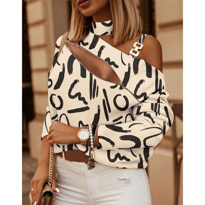 IHUASU Herbst Winter Langarm Kette Neckholder Print Knopfverziertes Oberteil Damen