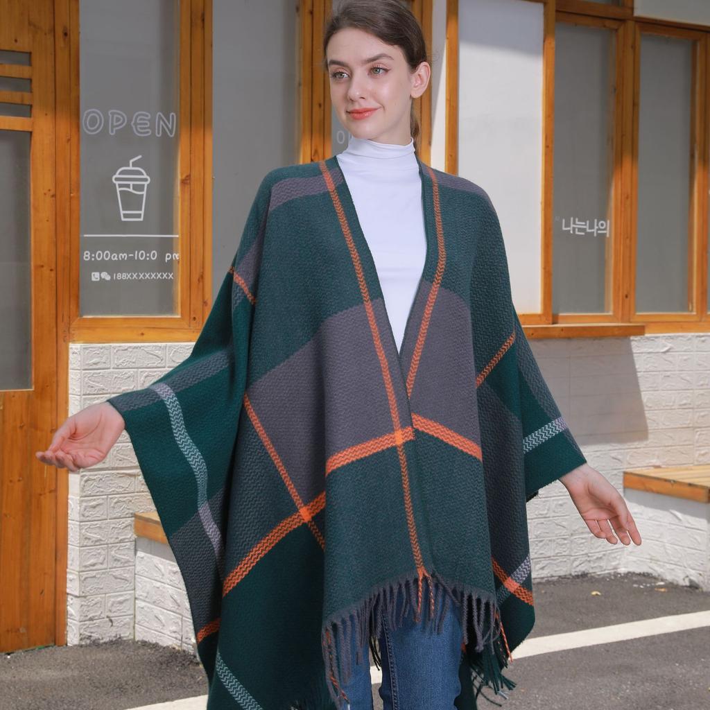 Classic Line Plaid Shawl, New Autumn and Winter Women's Thickened Knitted Cardigan Cape