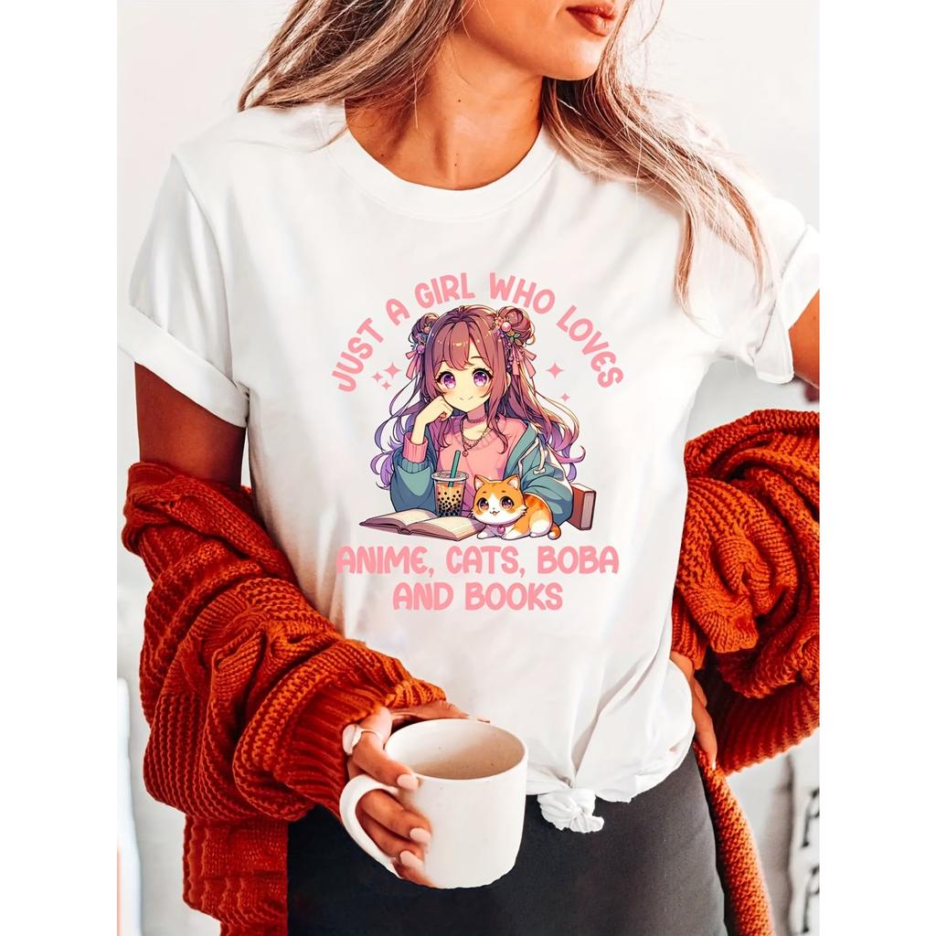 Cartoon Girl Print / Crew Neck T-Shirt / Casual Short Sleeve / Spring & Summer