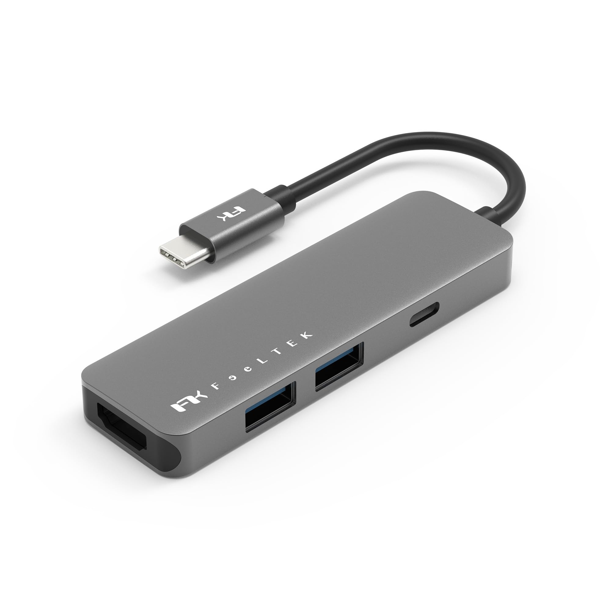 

USB C Хаб Совместимый с iPhone 15 Портативный Хаб 4 в 1 PD Поддерживает до 100 Вт Порт HDMI Поддерживает до Двойных Портов Feeltek USB-C USB-C 4K@30 Гц USB-A серый