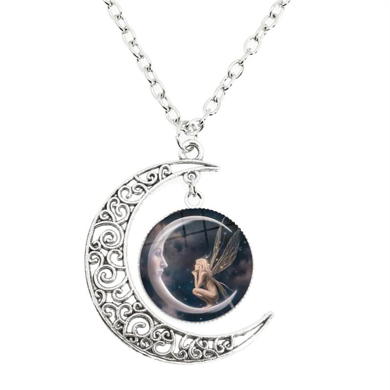 

Flower Fairy Elf Necklace Glass Time Crescent Moon Pendant Elves Vanyar Chain Necklace for Women Girls Angel Jewelry Gift
