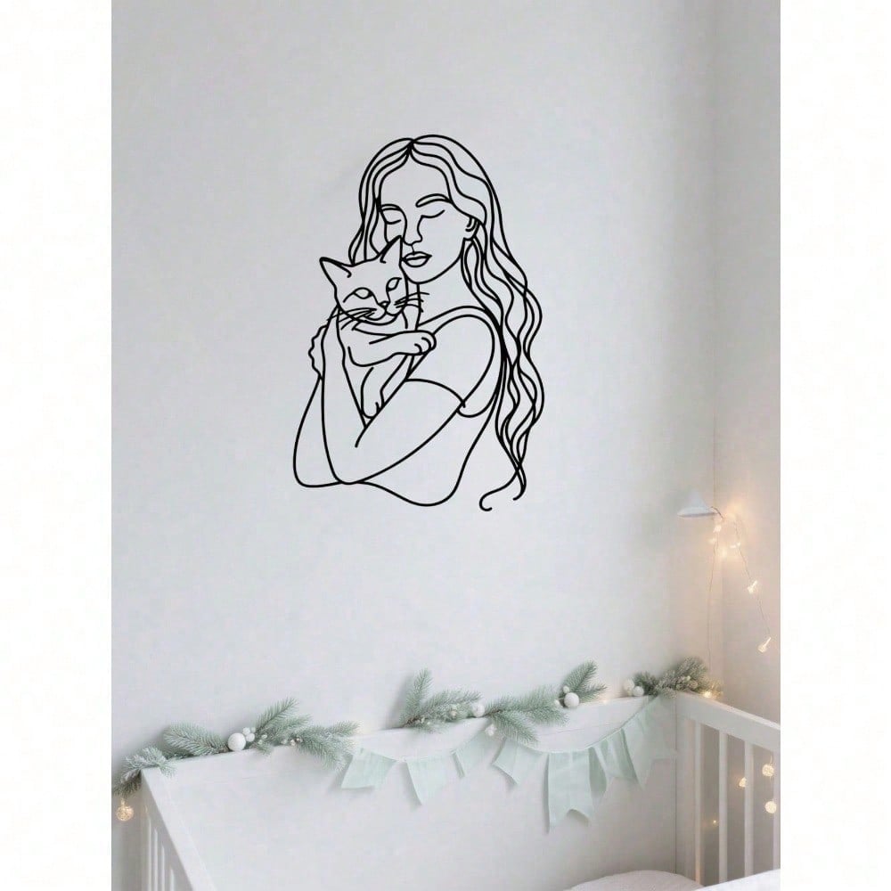 1PC Cat Lover Line Art Metal Wall Decor - Whimsical Lady & Feline Silhouette, Laser Cut for Home, Office, Gift