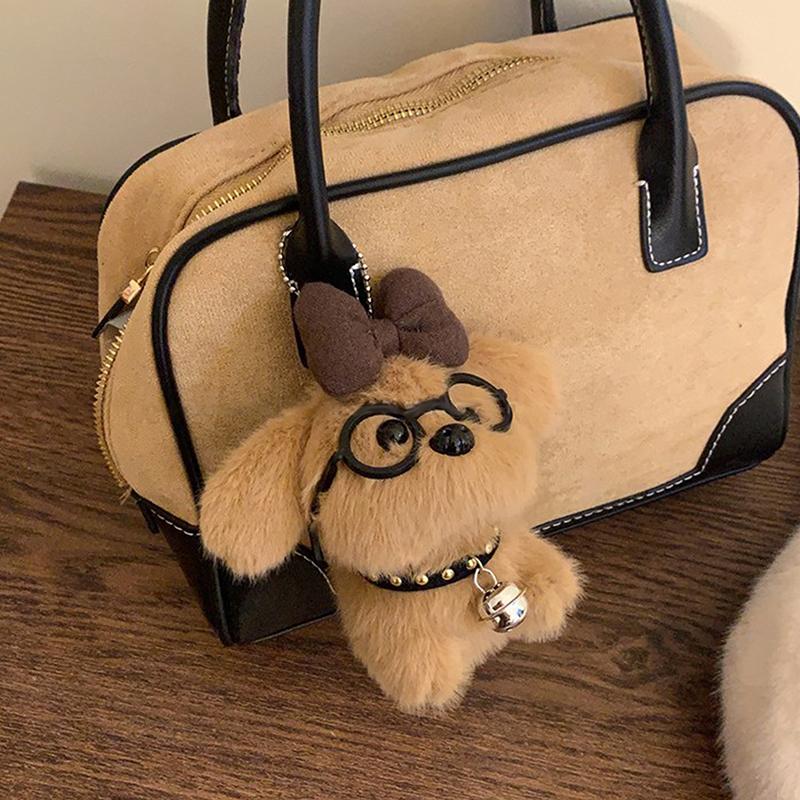 Cute Bow Glasses Puppy Keychain Cartoon Stuffed Dog Doll Keyring Lovely Backpack Pendant Decoration Car Key Holder For Girl Gift