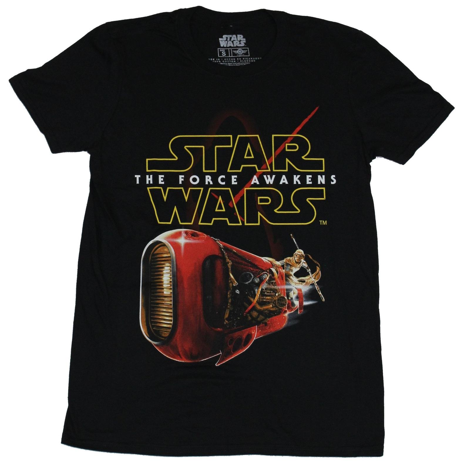 Star Wars Force Awakens Adult New T-shirt Rey Rides Speeder Under Logo Pic S