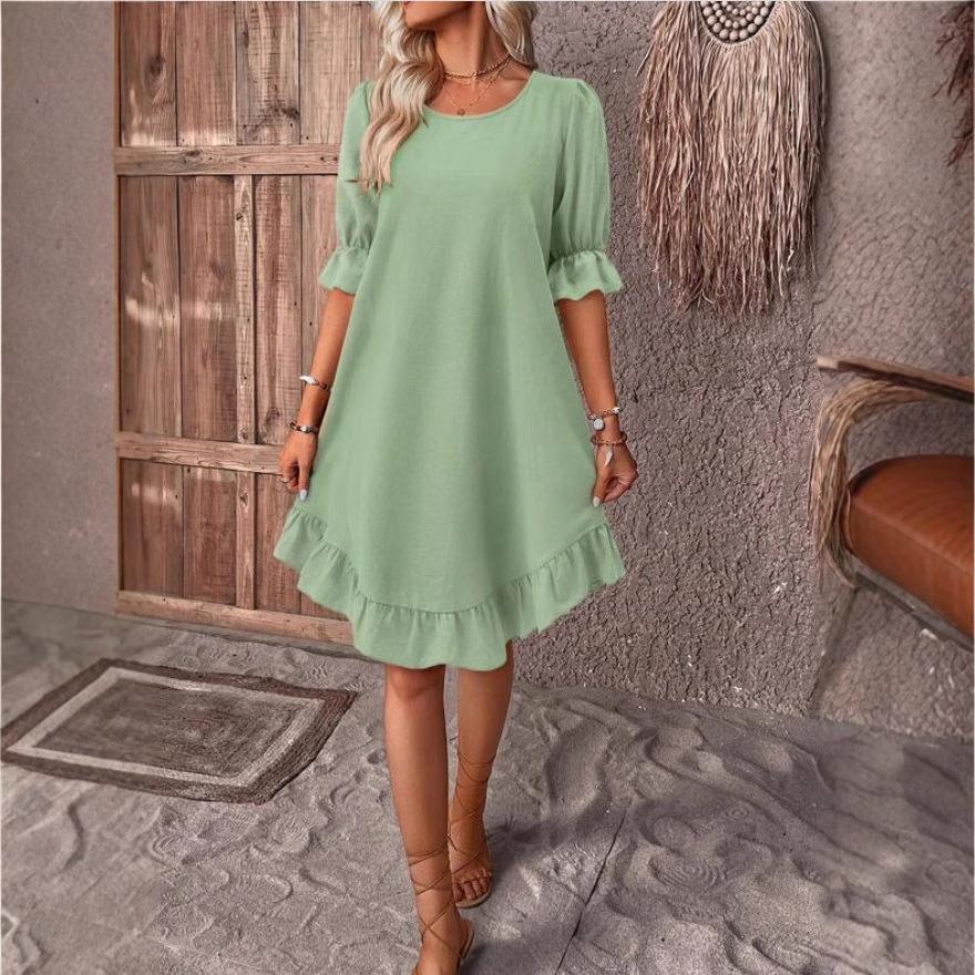 

SCIONE Новая женская одежда Ретро Хлопок Половина рукава Круглый вырез Плиссированная строчка Однотонное Свободное платье-свинг L светло-зеленый