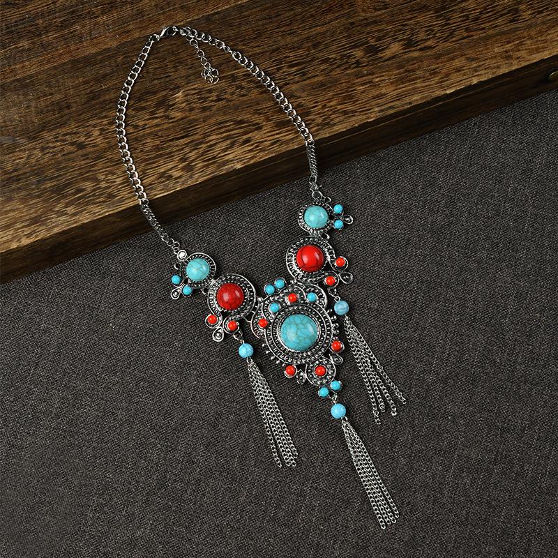 Retro Tibetan Necklace Female Turquoise Tassel Personality Exaggerated Pendant Exotic Tibetan Accessories