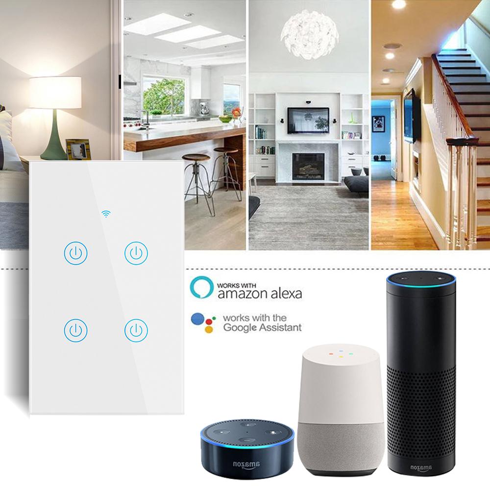 US Standard Electric Ware 4Gang Single & Zero Fire WiFi Connect Alexa & Google Touchable Wall Switches Tuya Smart Home Products 118mm*72mm&US Standard белый