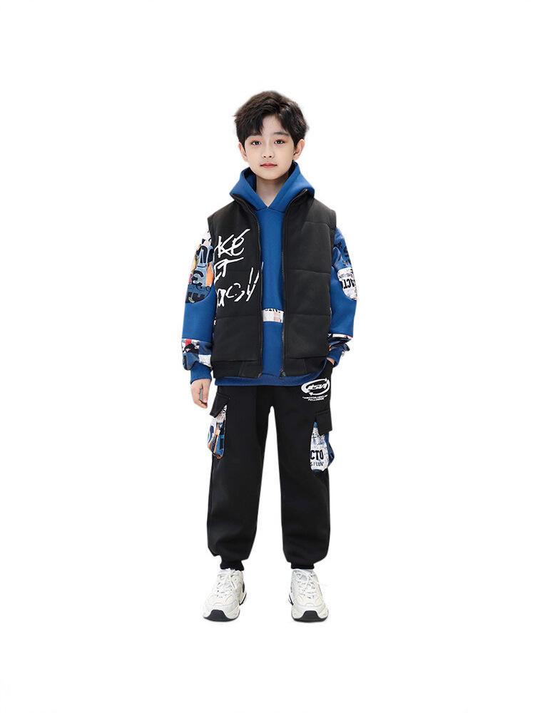 2025 Modny chłopięcy zimowy zestaw bluz dresowych z podszewką z polaru - Ciepły, gruby, stylowy trzyczęściowy zestaw dla chłopców
