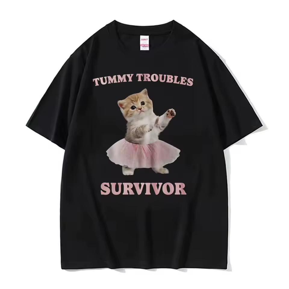Tummy Troubles Survivor Funny Cat Meme Graphic T shirt Men Women Fashion Humor Kawaii T shirts Cotton Loose High Quality T shirt