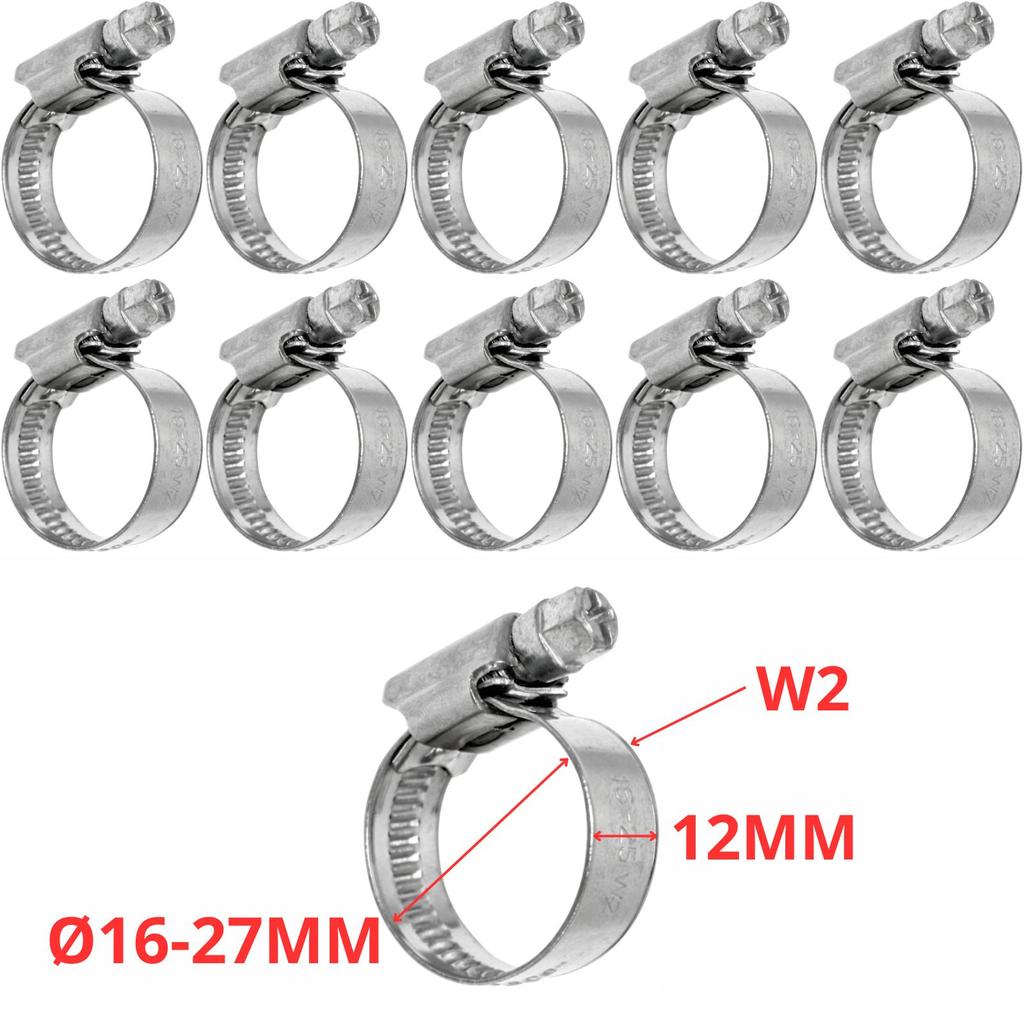 Set of W2 worm clamps Ø16-27 mm, width 12 mm 10 pcs - stainless steel