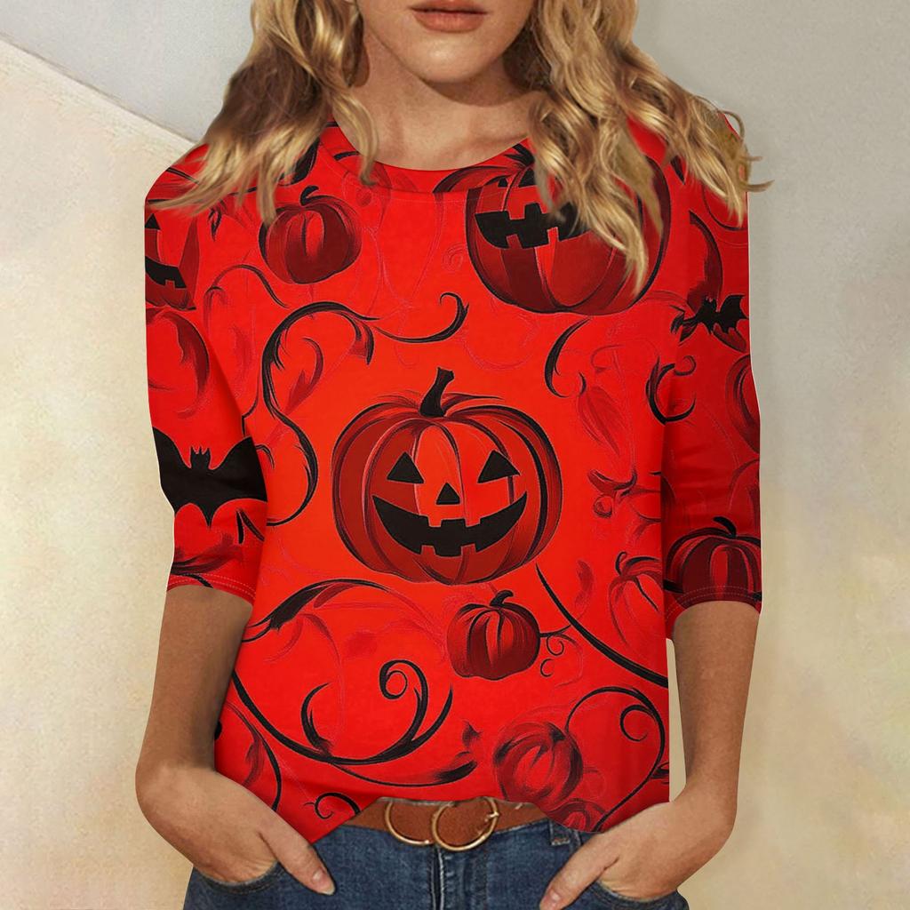 Damenmode Lässig Dreiviertelärmel Halloween-Print Rundhals-Top