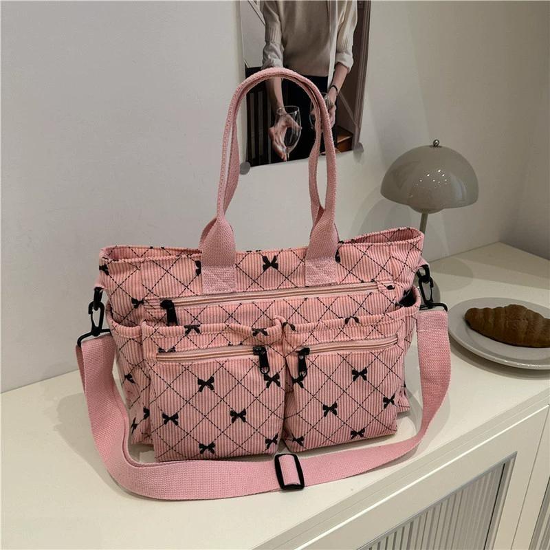 

Women s Bow Pattern Tote Bag for Fall & Winter, Multi-Pocket Shoulder Bag for Daily Commute & Casual Use рожевий