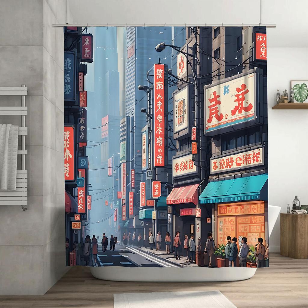 Anime Inspired Cityscape Shower Curtain Vibrant Japanese Signage Urban Aesthetic Design Perfect For Studio Ghibli Fans