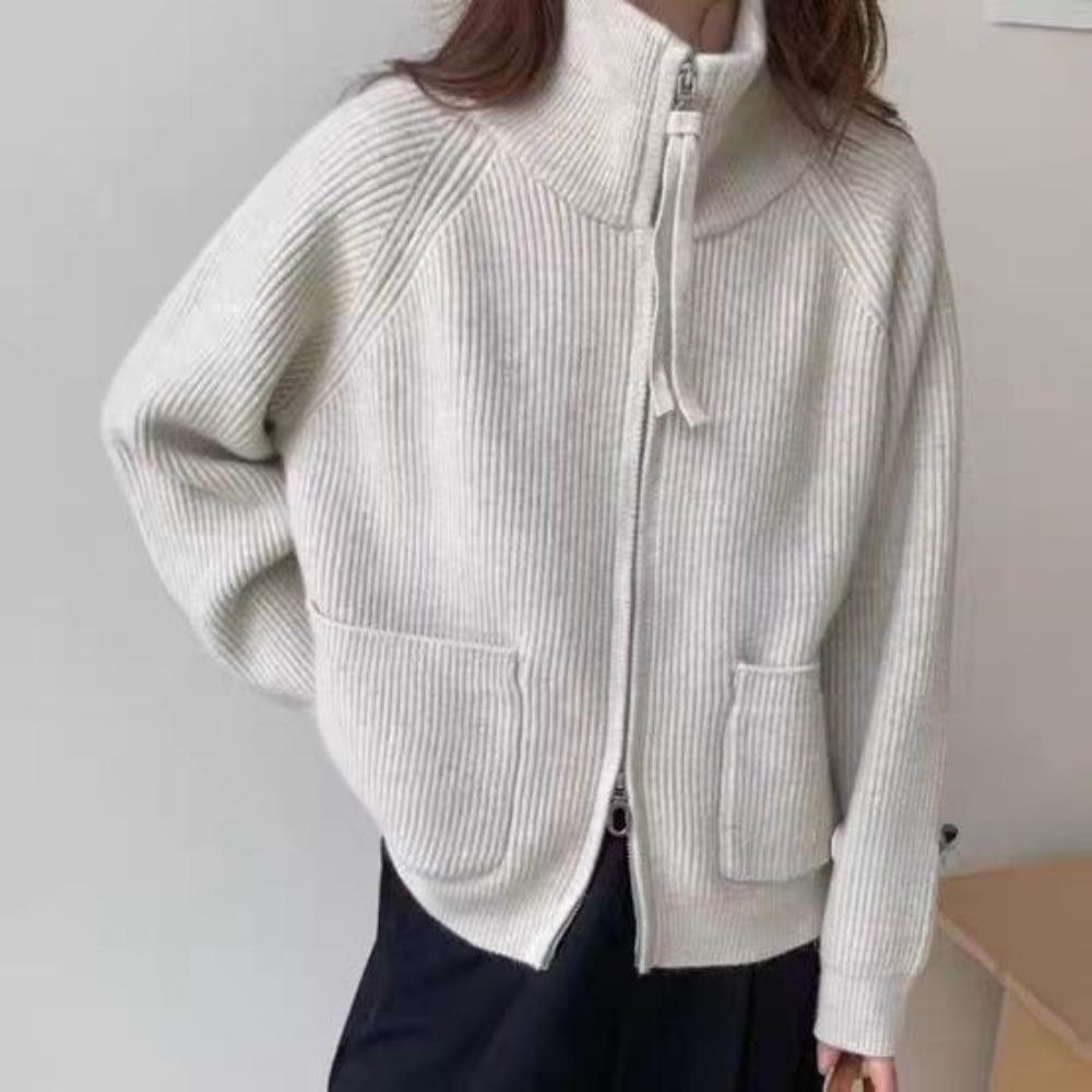 New Autumn and Winter Stand-up Collar, Double Zipper, Long-sleeved, Loose, Large-sized, Laid-back Style Knitted Cardigan Sweater for Women