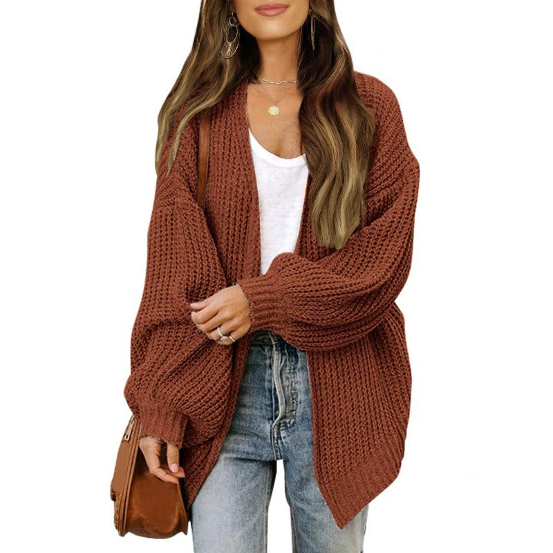 Womens Loose Long Lantern Sleeve Thick Solid Knit Cardigan Sweater Coat With Pockets