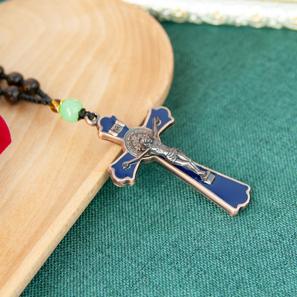 HT St. Benedict Blue Enamel Crucifix Pendant Wooden Bead Rosary Chain Metal Jesus Cross Religious Catholic Prayer Jewelry Gift