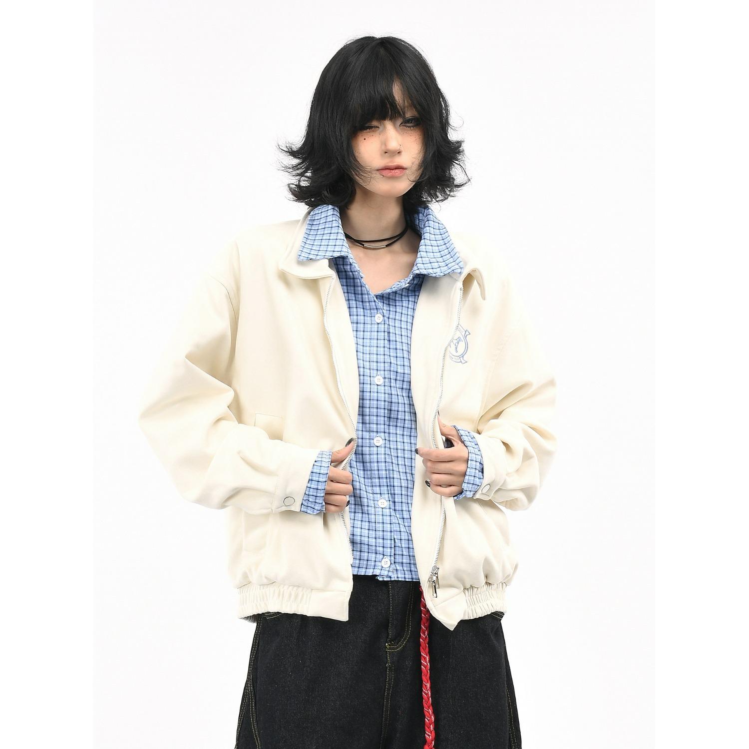 

Unisex Spring/Fall Korean Style Blue & White Plaid Lapel Jacket with Faux Two-Piece Design XL абрикосовый
